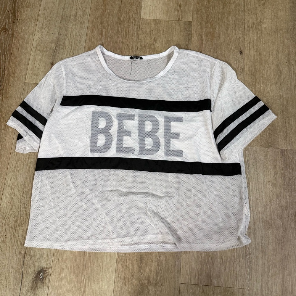 bebe Sport White Mesh Tee with Black Logo Trim
